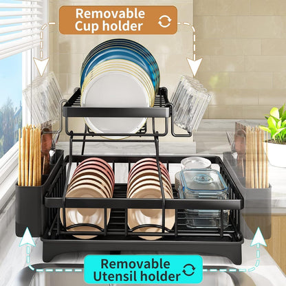 2-Tier Large Dish Drying Rack for Kitchen Counter – Detachable Dish Drainer with Utensil Holder & Drain Board, Space-Saving Dish Organizer, Black