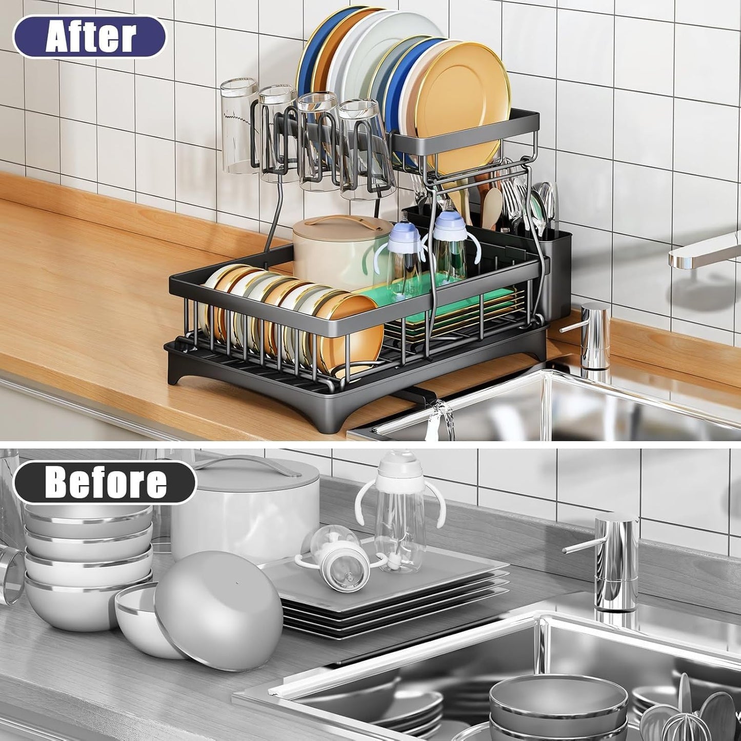 2-Tier Large Dish Drying Rack for Kitchen Counter – Detachable Dish Drainer with Utensil Holder & Drain Board, Space-Saving Dish Organizer, Black
