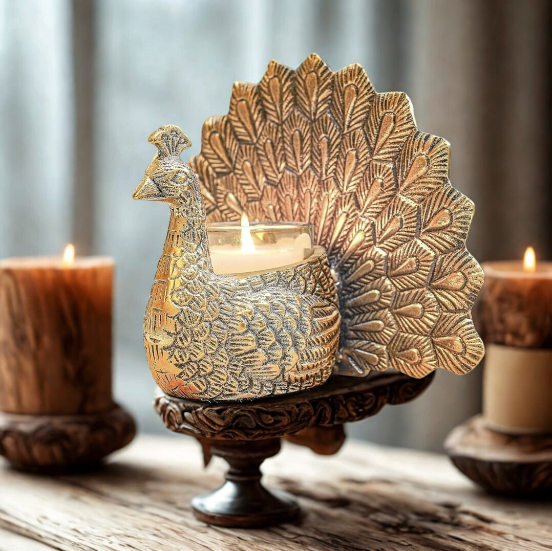 Metal Dancing Peacock Figurine for Good Luck & Love,Candle Holder for Home Dcor Tabletop Living,Showpiece